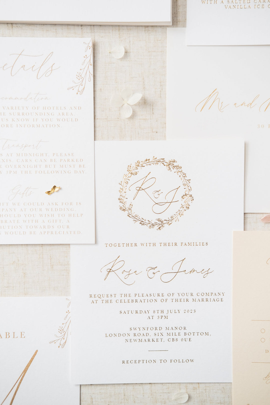 Rosa Wedding Invitations Featuring Luxury Gold Foil Floral Wreath
