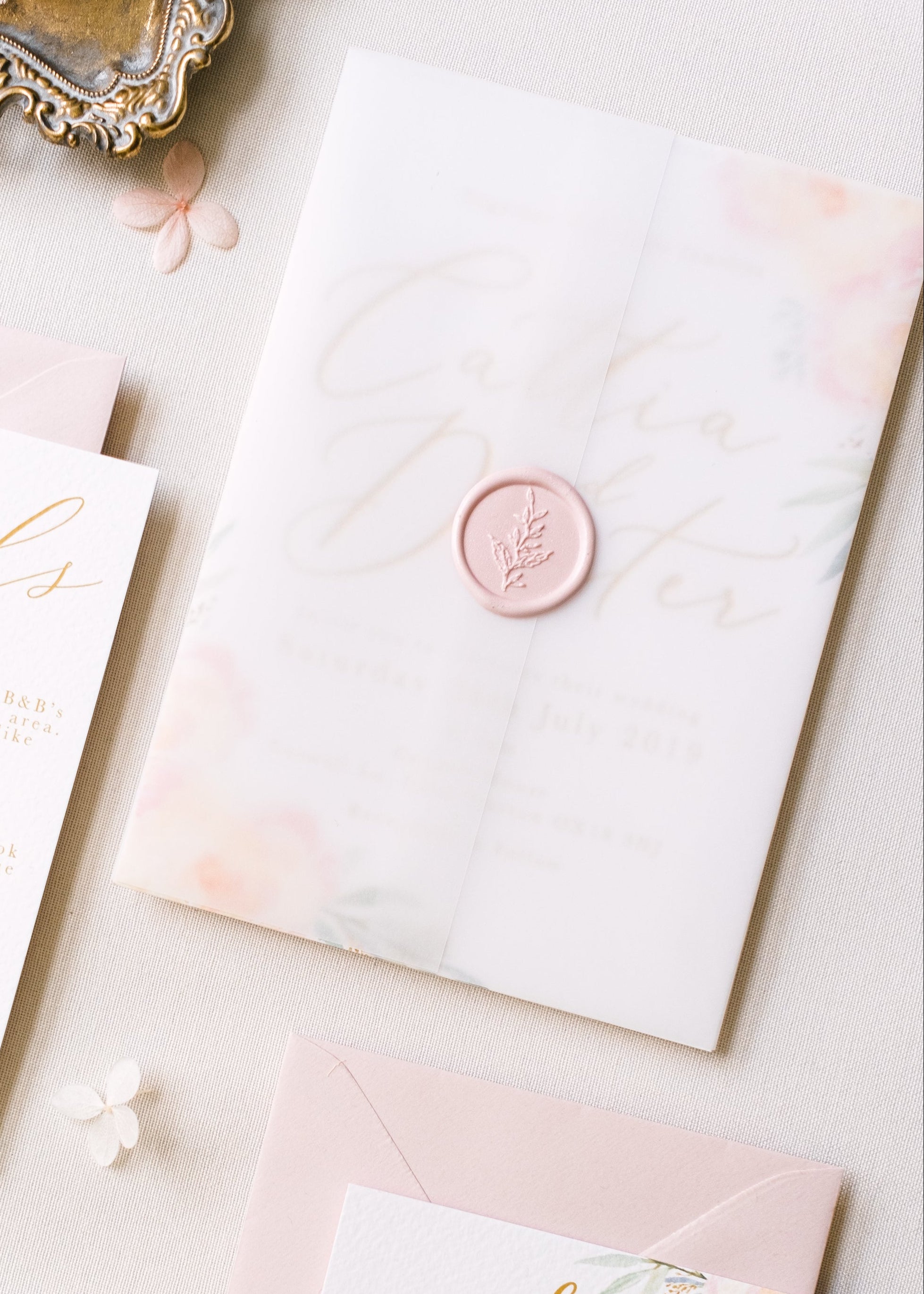 Bepsoke Wedding Invitation with vellum wrap and blush pink wax seal