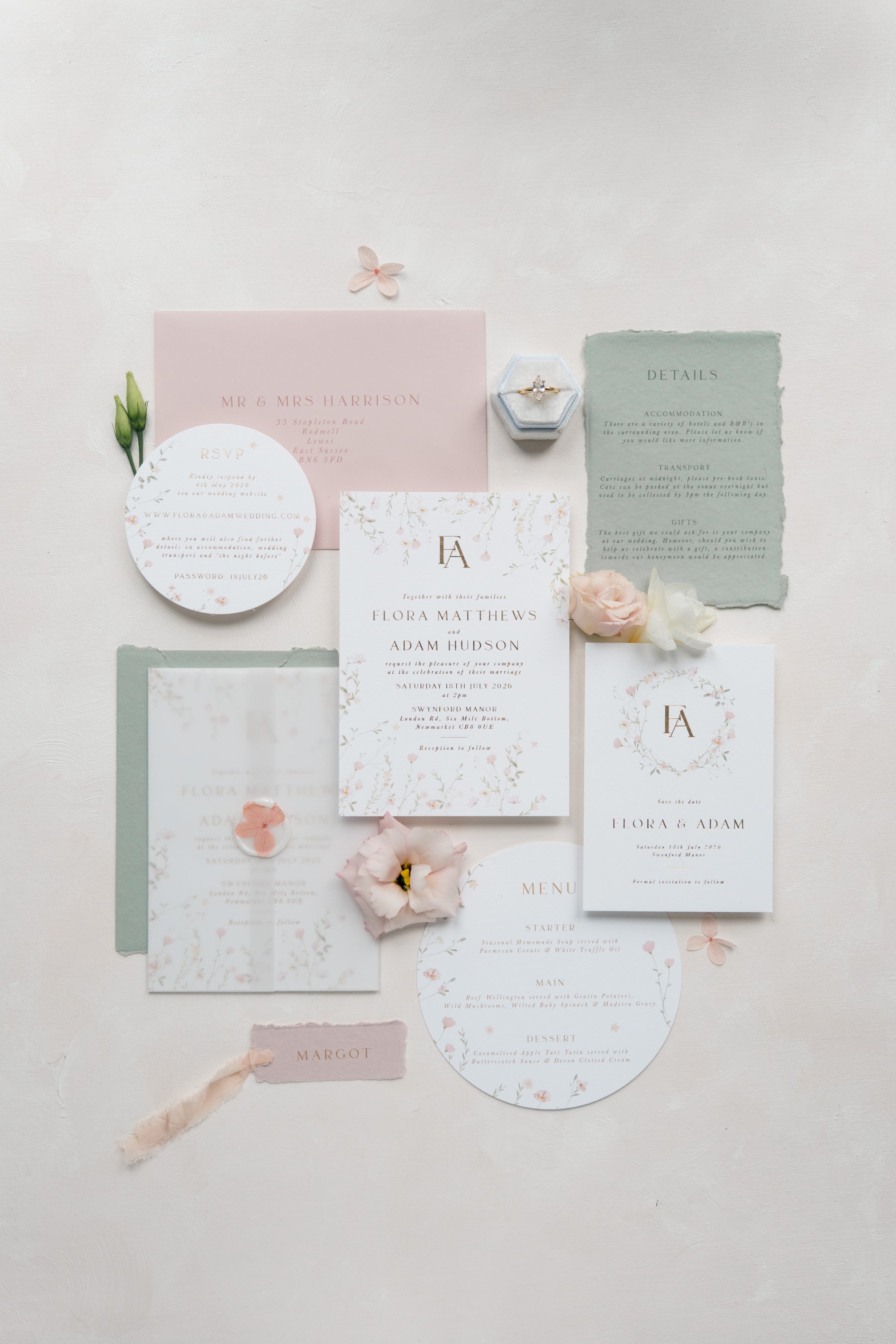 Elegant floral wedding invitation suite with RSVP card and details card in Blush pink and Sage green