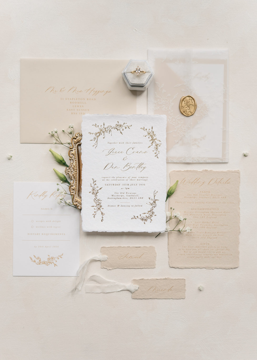 Grace wedding invitation sample pack premium wedding invitations and RSVP cards set with floral designs on a light background. 