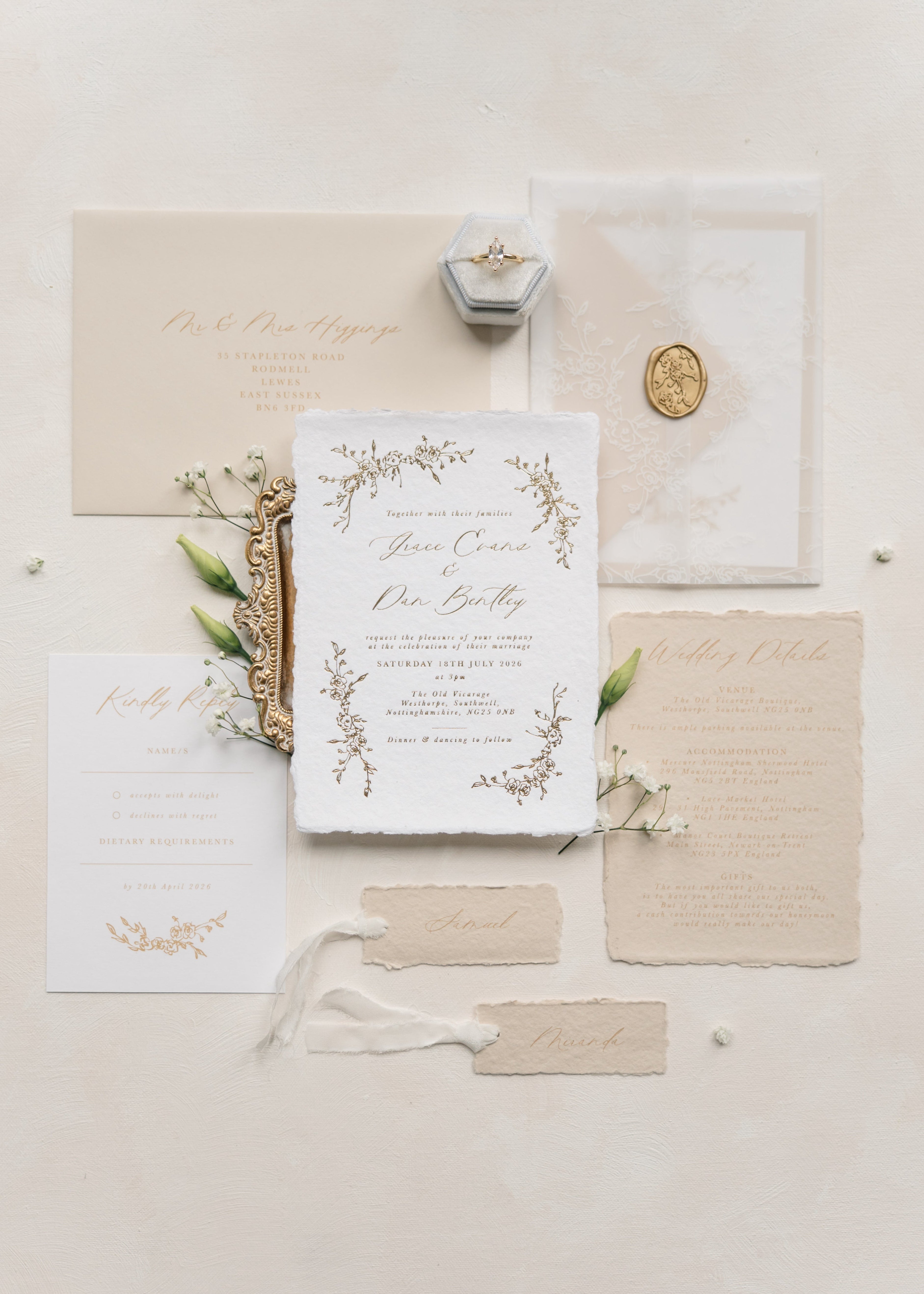 Grace wedding invitation sample pack premium wedding invitations and RSVP cards set with floral designs on a light background. 