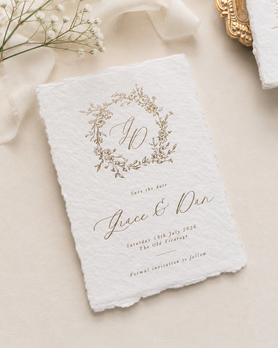 A white invitation card with rustic torn edges, featuring a gold floral wreath monogram and elegant script text, styled on a beige surface with cream ribbon and dried flowers.