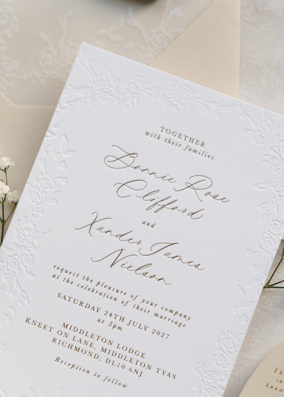Luxury floral border wedding invitation on light background