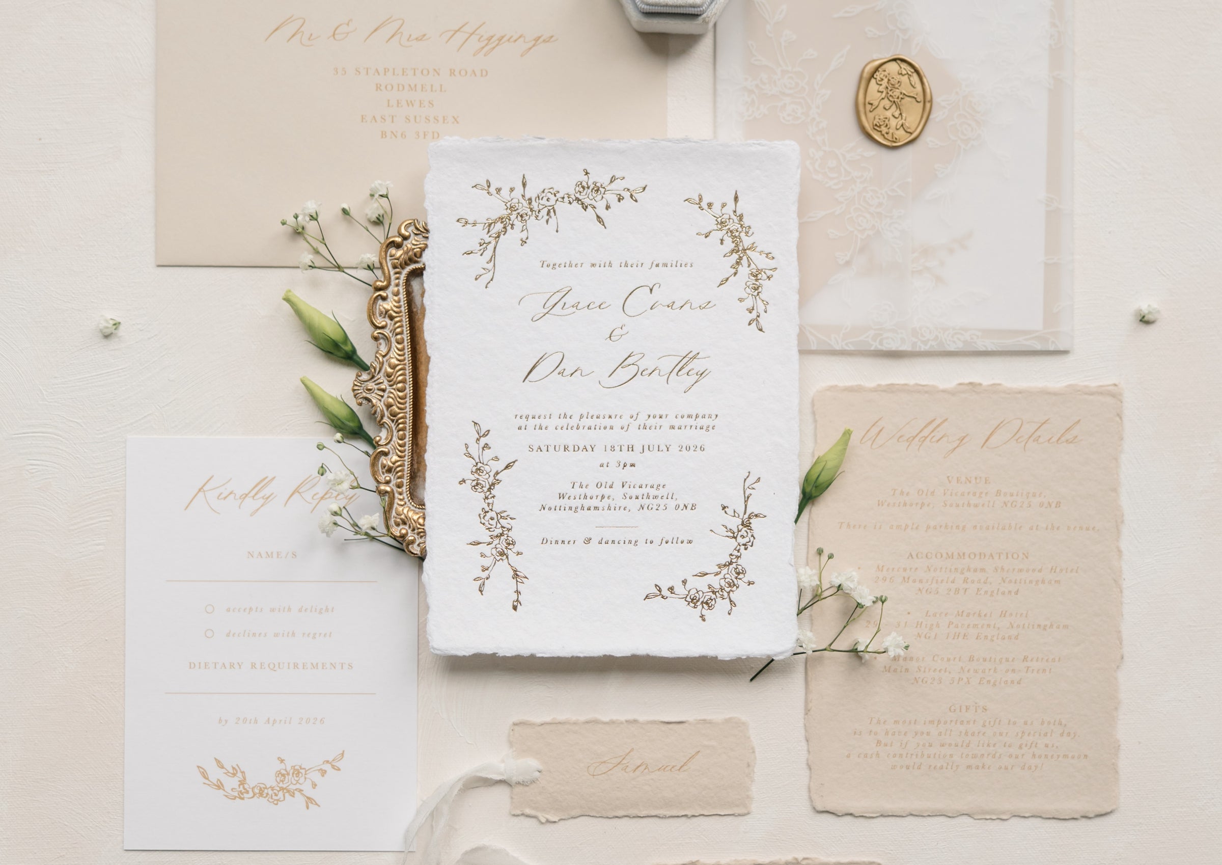 Luxurious gold foil pressed wedding invitation collection on handmade paper 