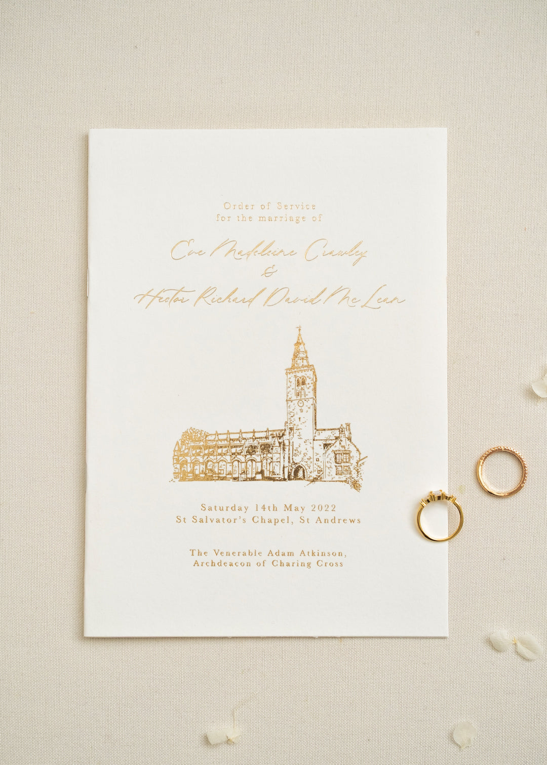 Venue illustration order of service booklet in gold foil
