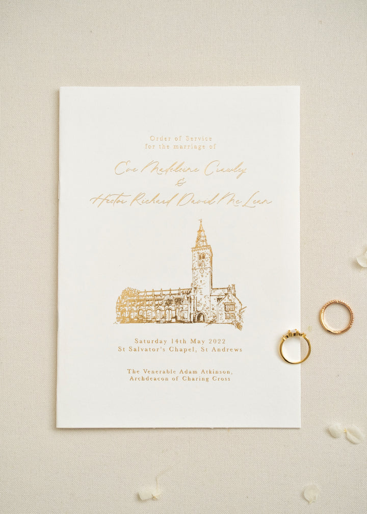 Venue illustration order of service booklet in gold foil
