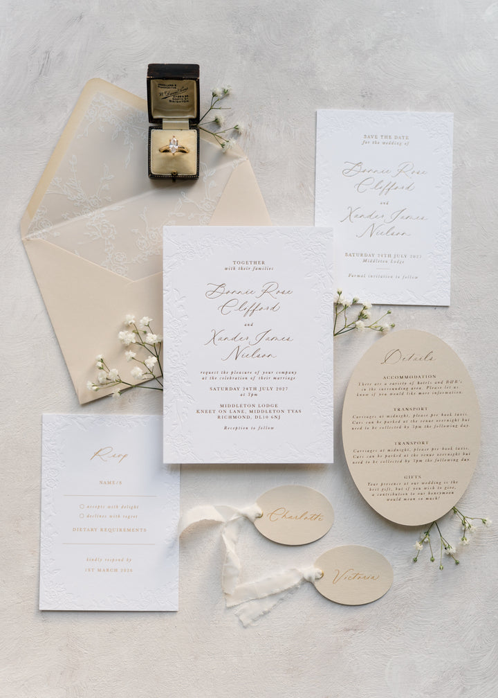 High-quality wedding stationery sample showcasing tactile debossed floral design, gold foil finish, and premium textured paper for fine art invitations.
