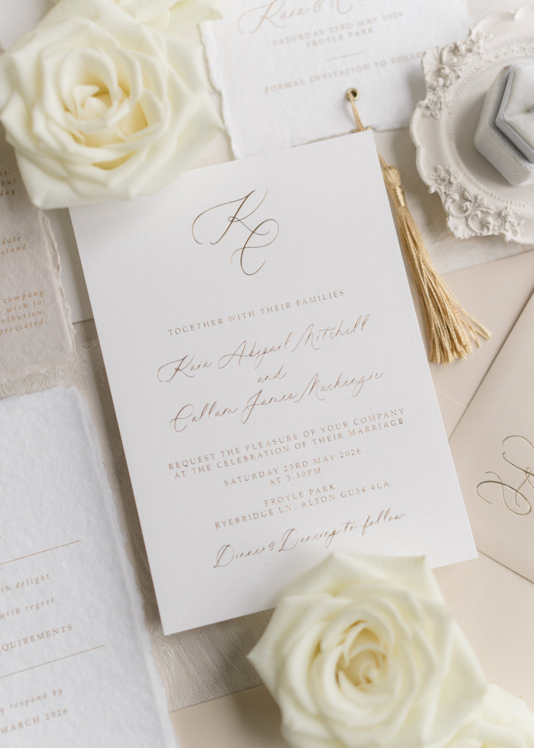 Elegant Kaia wedding invitation featuring custom monogram and foil printing