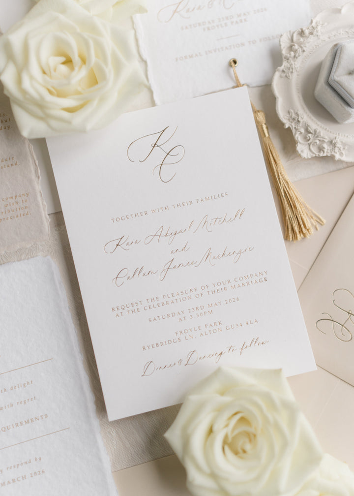 Elegant Kaia wedding invitation featuring custom monogram and foil printing