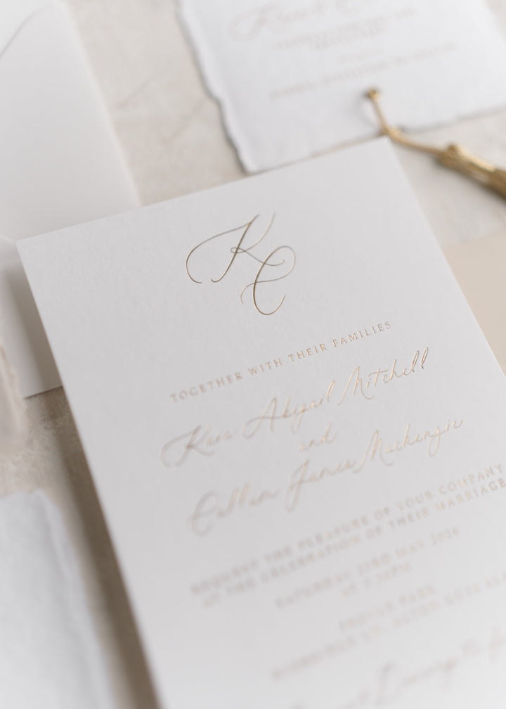 Luxury Kaia monogram wedding invitation with personalised initials and elegant typography