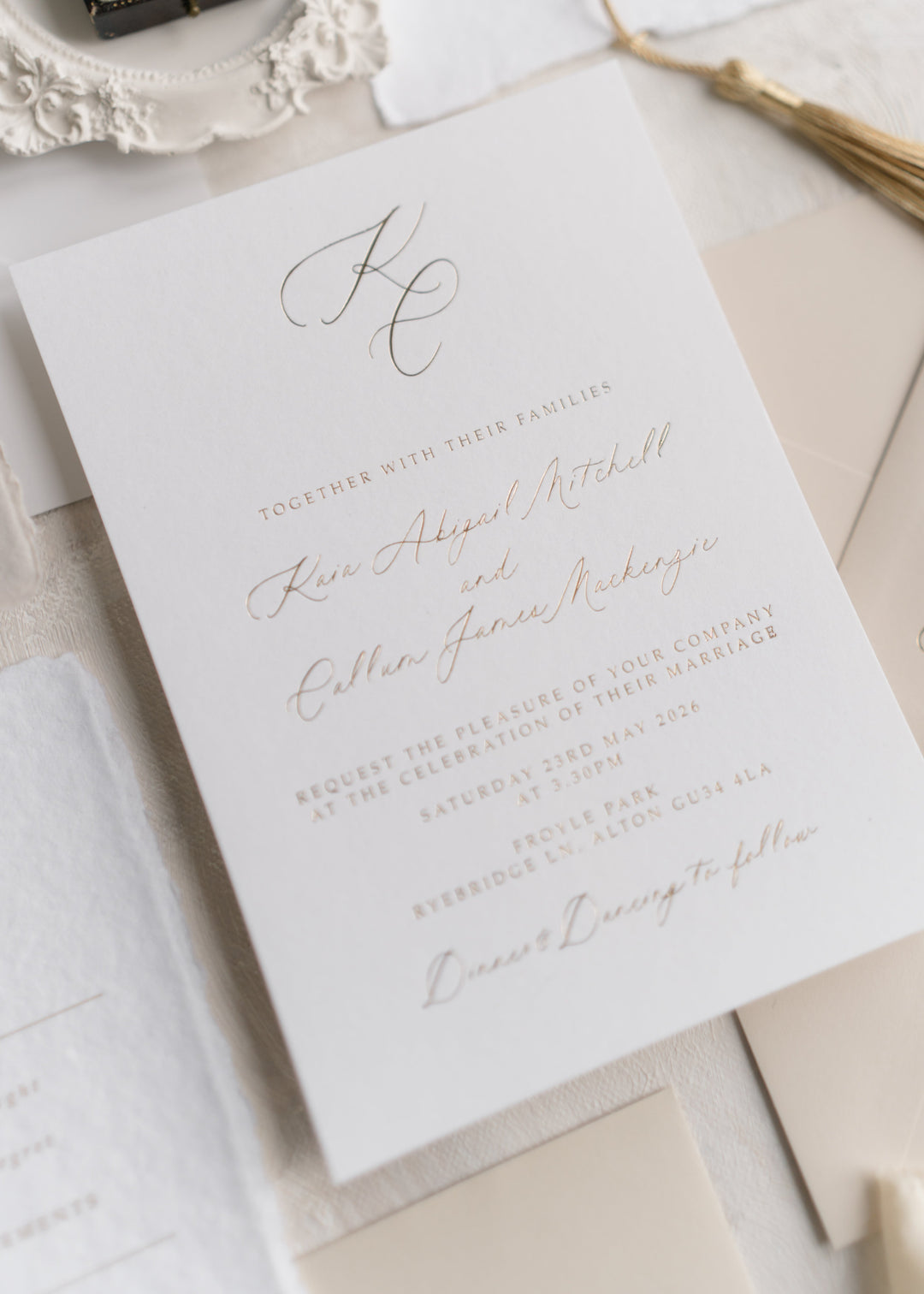 Kaia monogram wedding invitation with personalised initials on premium cardstoc