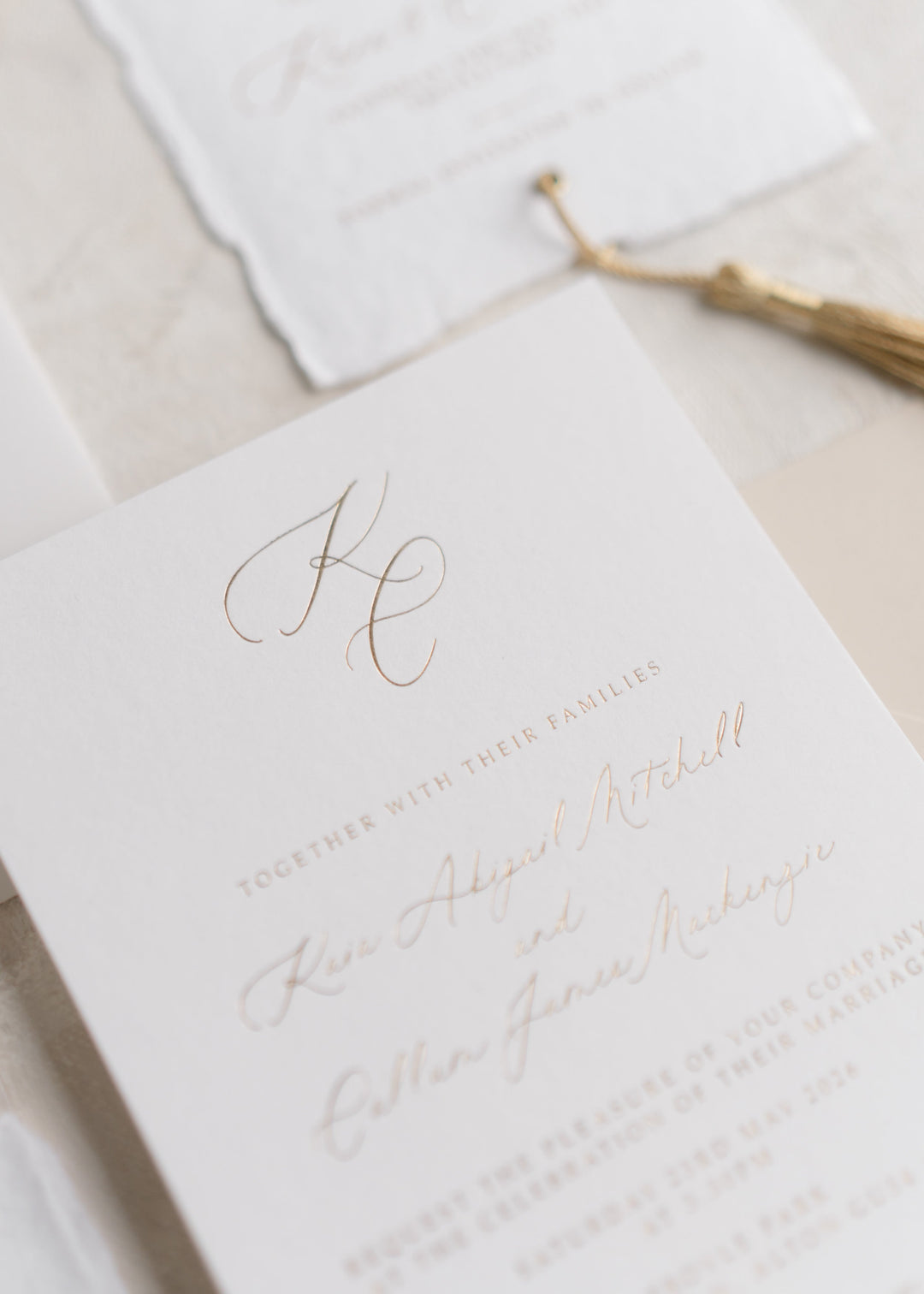 Kaia monogram wedding invitation featuring custom initials on premium luxury cardstock