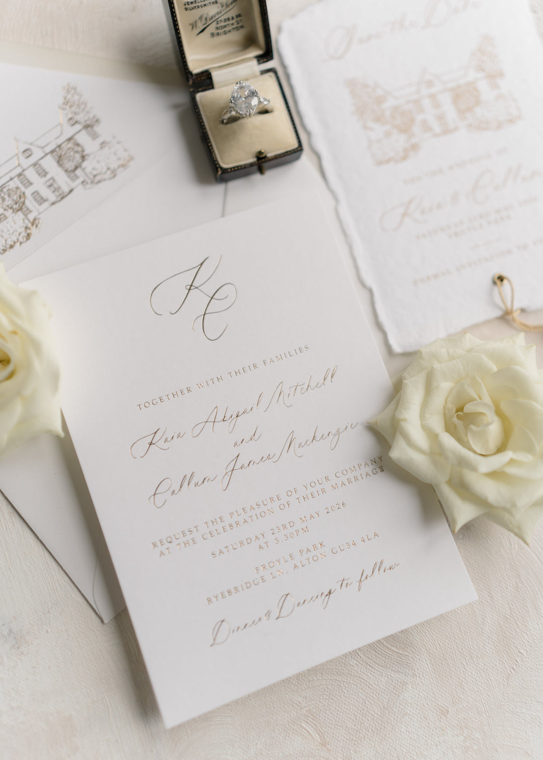 Kaia wedding stationery suite highlighting monogram design with RSVP and details cards