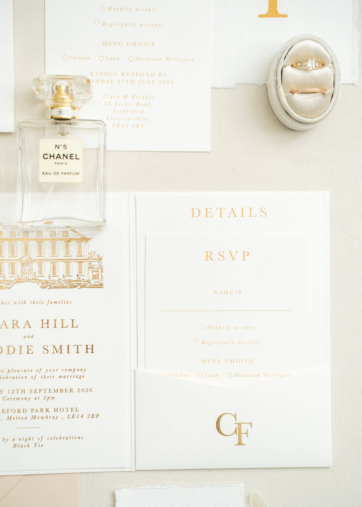 wedding pocketfold invitation in gold foil with wedding venue illustration