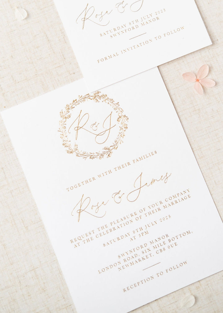floral wreath wedding invitation in gold foil